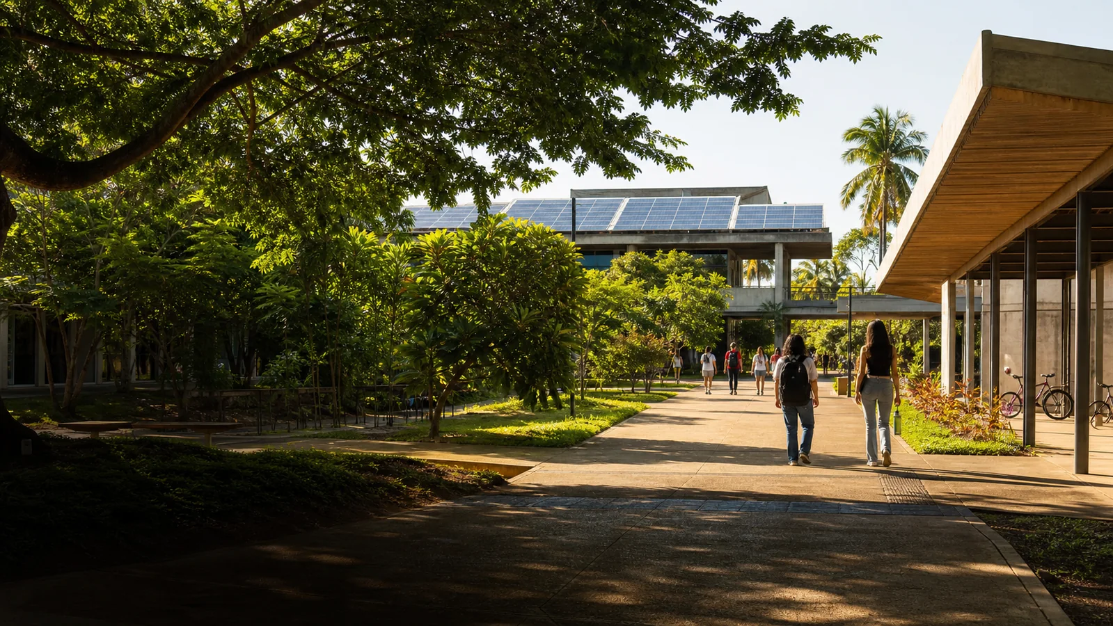 Campus universitário arborizado com painéis solares, bicicletas e comunidade acadêmica caminhando