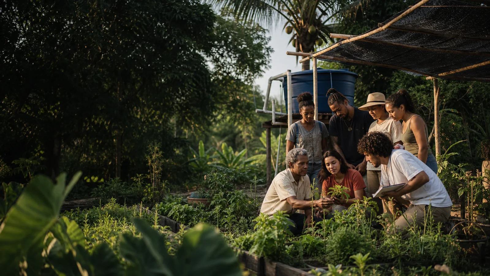 Universidade e comunidade colaborando em jardim agroecológico com captação de água